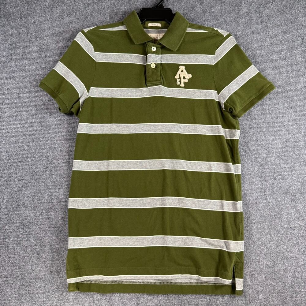 Abercrombie & Fitch Muscle Fit Polo Mens Olive Green Gray Striped A&F Shirt XL